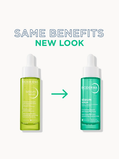 Two bottles of Bioderma Sébium Serum with a white background and text indicating 'Same benefits, new look'.