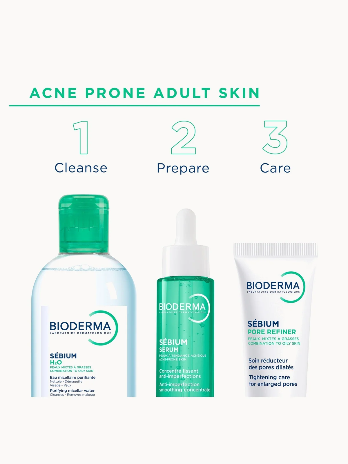 Bioderma skincare products for acne-prone adult skin on a white background