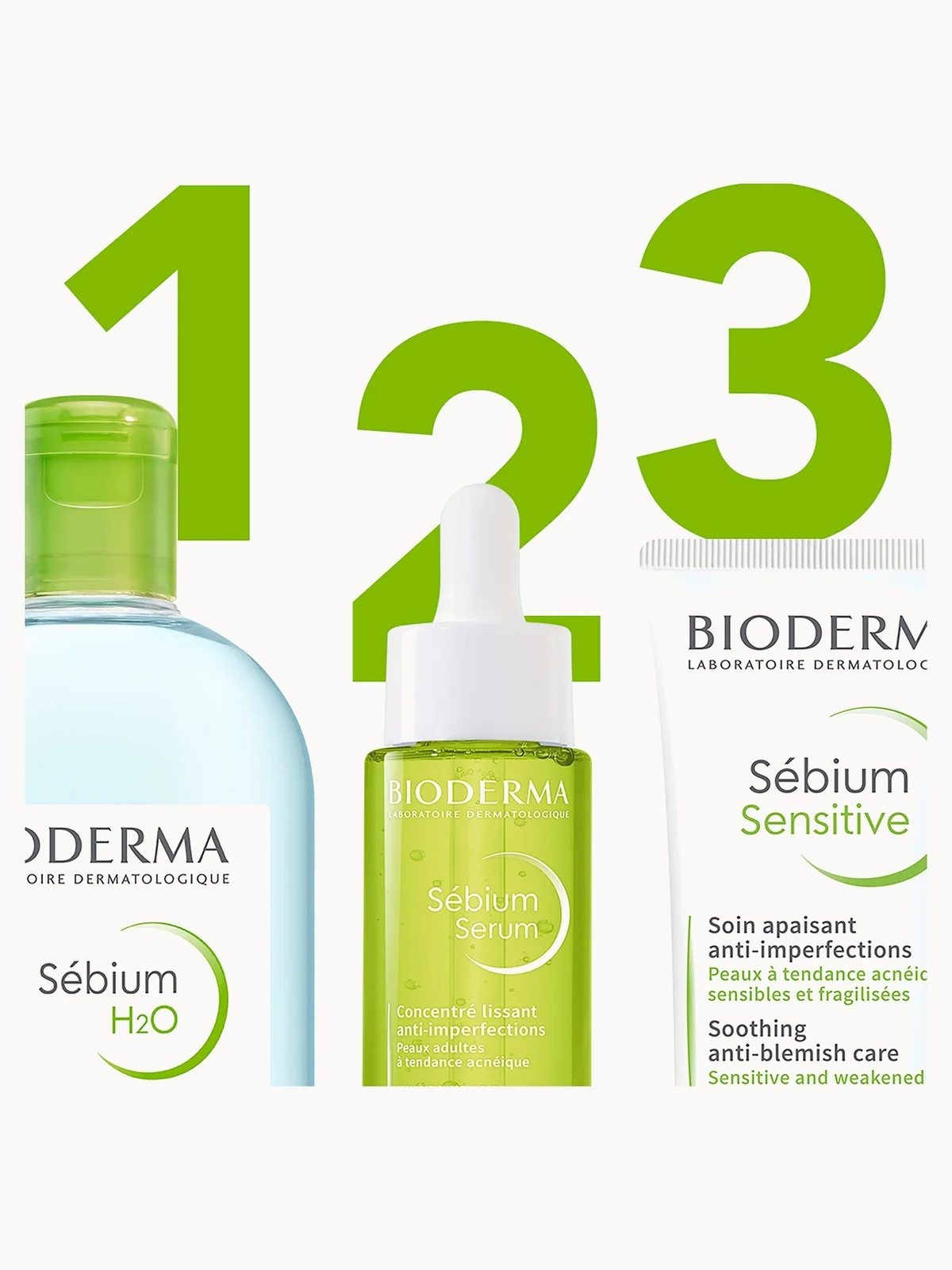 Bioderma skincare products including Sébium H2O, Sébium Serum, and Sébium Sensitive on a white background with green text.