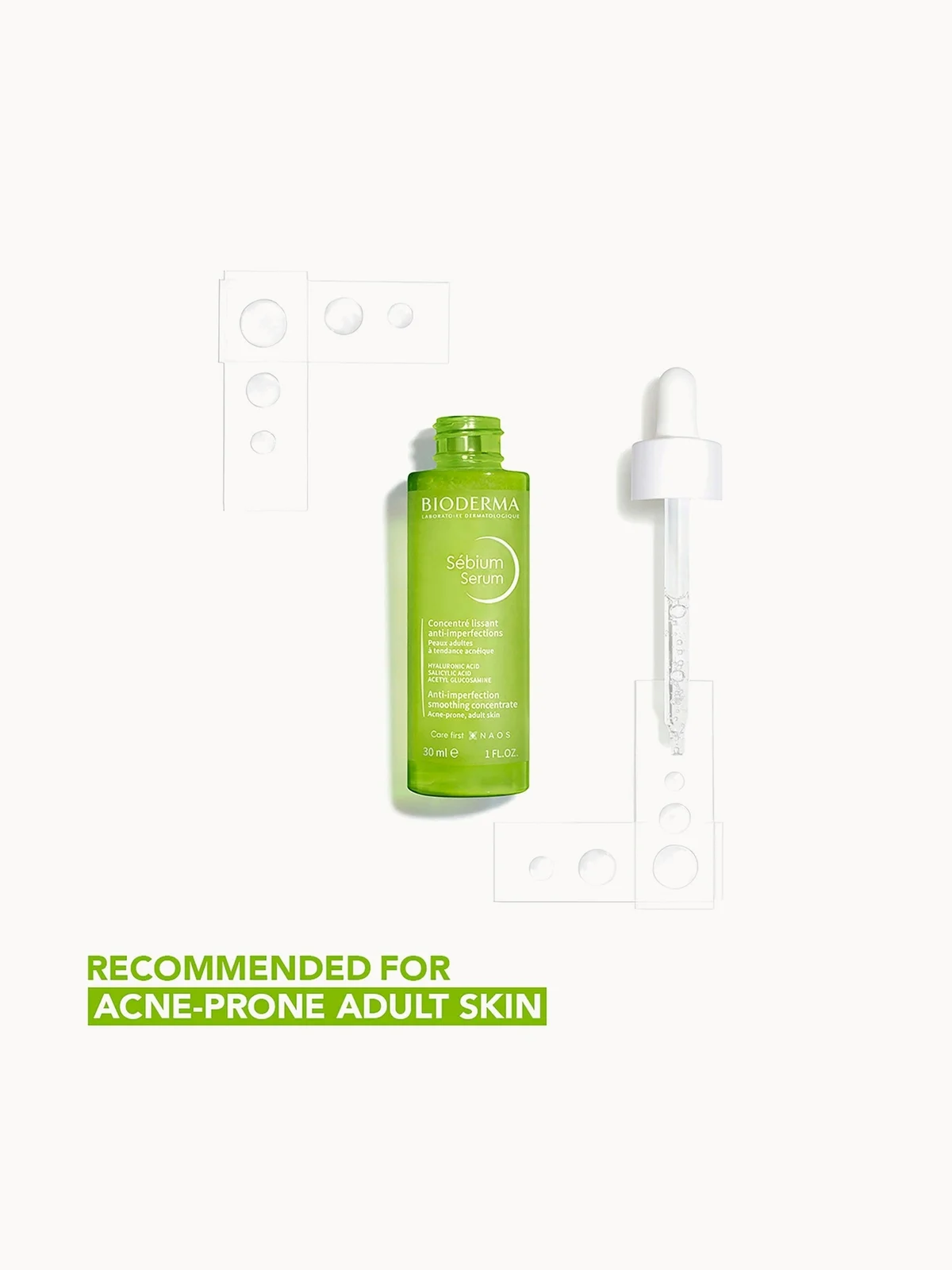 Green bottle and dropper with Bioderma branding on a white background
