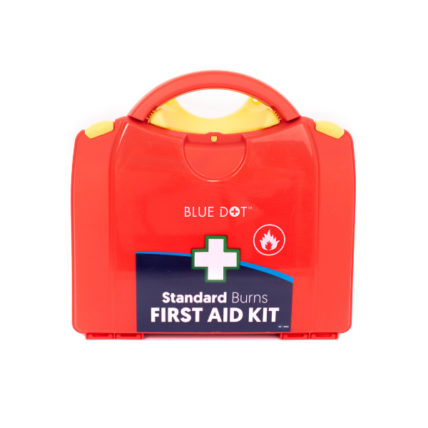 a red case with first aid kit for burns by Blue Dot