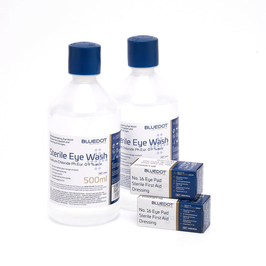 Bluedot eye wash bottles and boxes on a white background