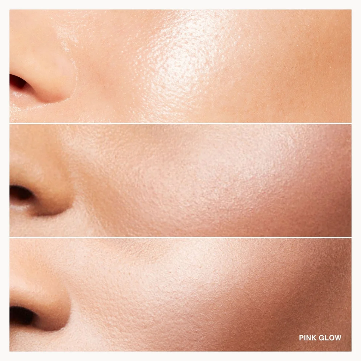 Three horizontal close-up panels showing a model's cheek and nose area with different shades of pink-toned makeup or skin finish, labeled 'PINK GLOW' in the bottom-right corner.