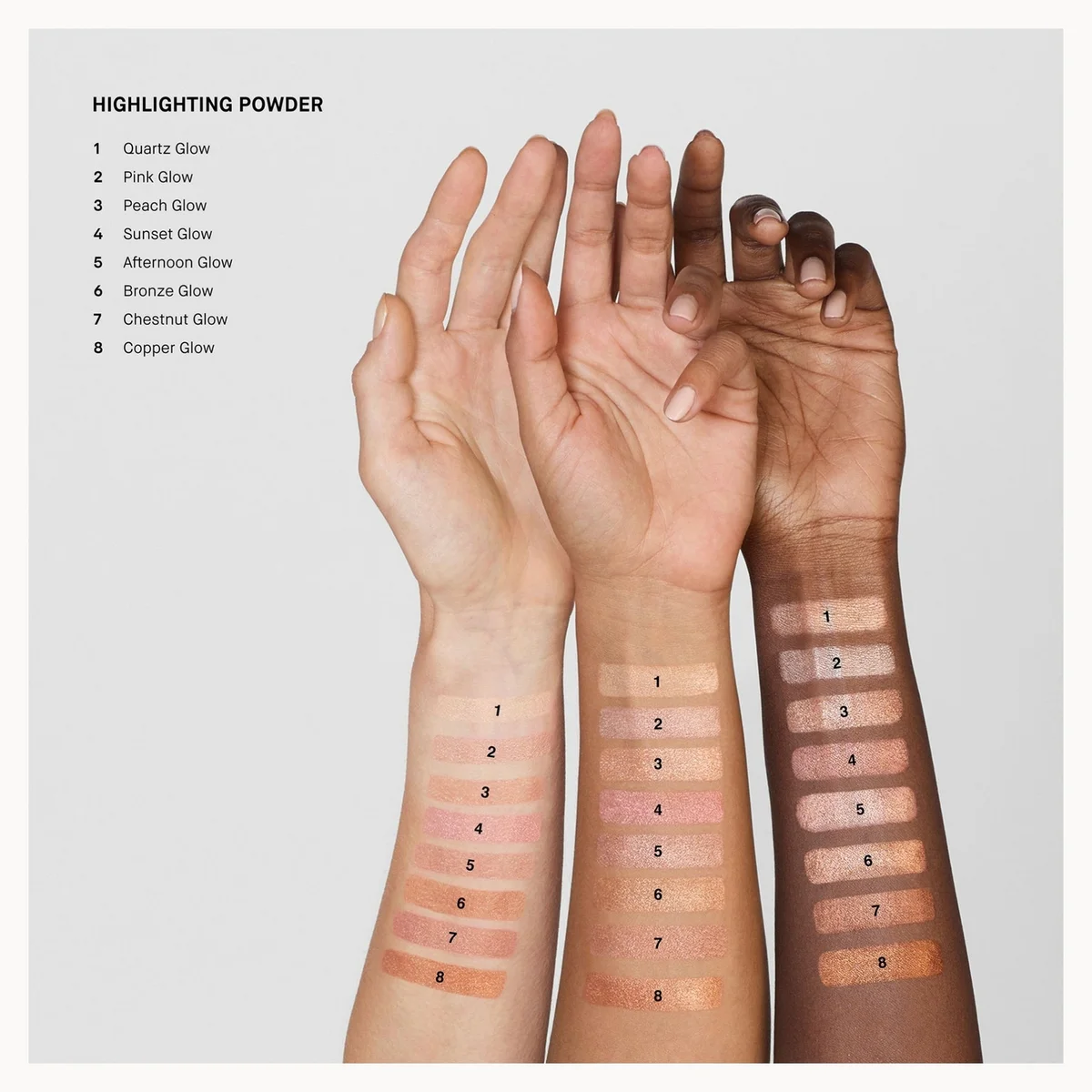 A cosmetic shade chart for highlighting powder showing three arms with numbered swatches from light peach to deep brown, alongside a list of shade names on a light gray background.