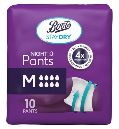 Pack of Boots StayDry night pants with purple packaging and label.