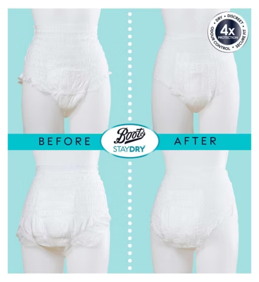 Before and after comparison of a person wearing incontinence pants with Boots StayDry branding.