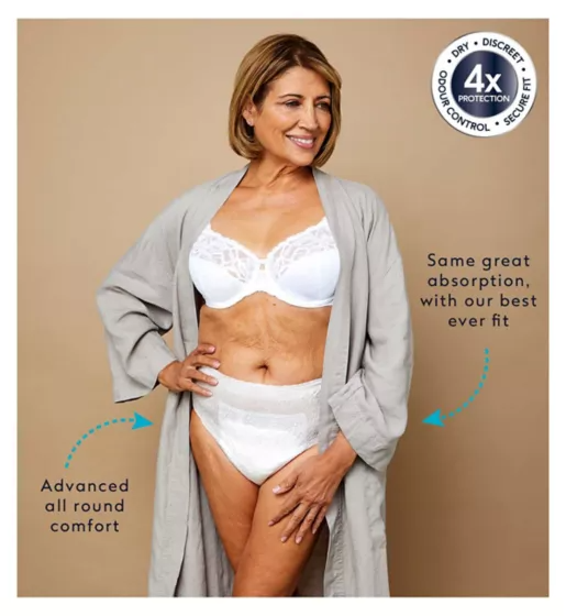 Woman wearing a white bra and underwear set with a beige background, featuring text about product features.