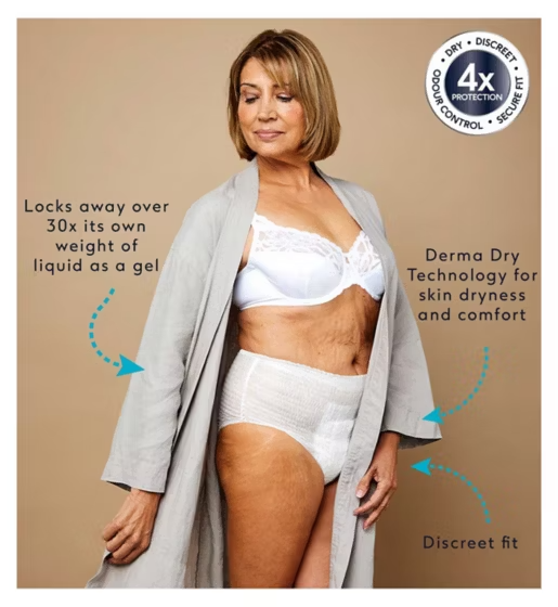 Woman wearing a white bra and incontinence pants with product features highlighted on a beige background