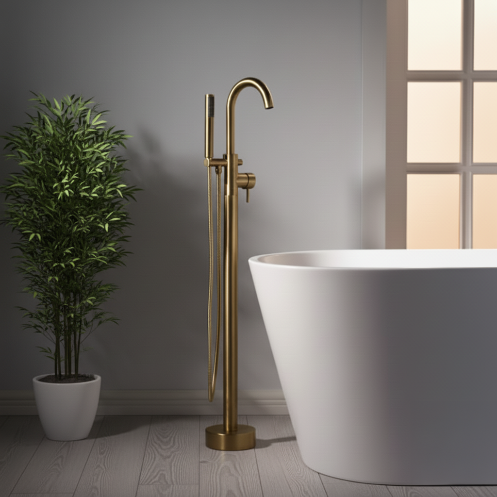 Britton Hoxton Floor Standing Mono Bath Shower Mixer Brushed Brass BRT-HOX.009BB