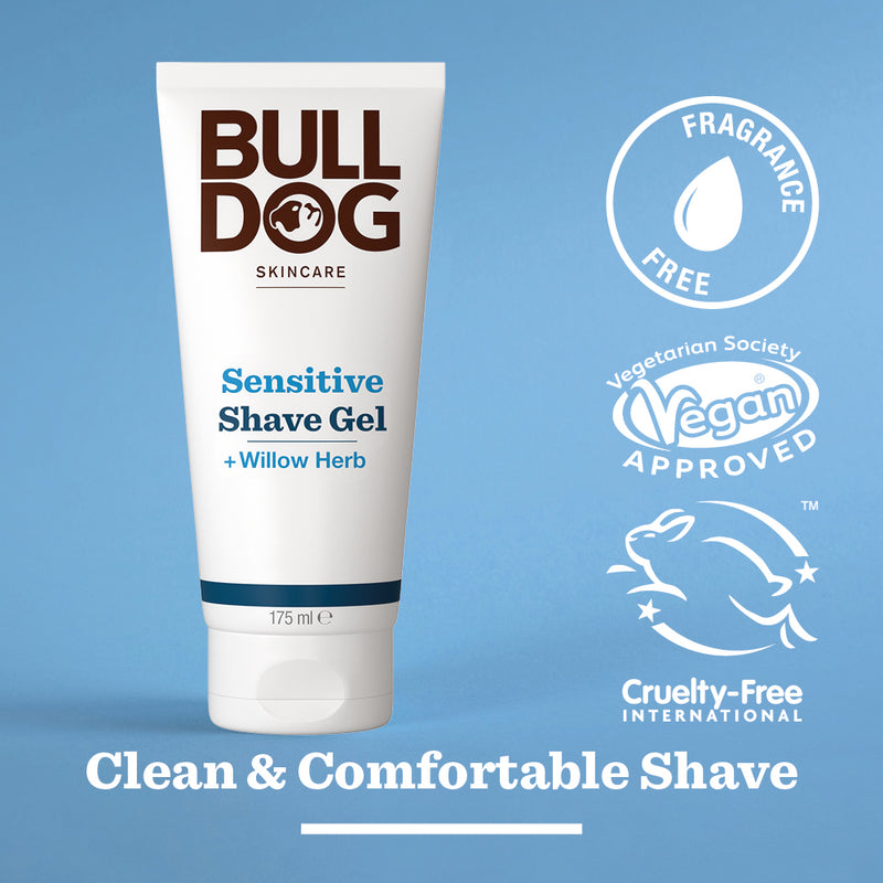 Bulldog Sensitive Shave Gel tube with branding and certification logos on a blue background