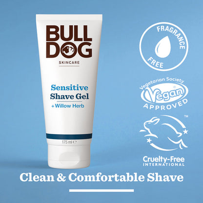 Bulldog Sensitive Shave Gel tube with branding and certification logos on a blue background