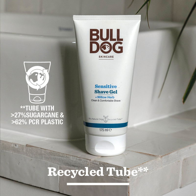 Bull Dog Skincare Sensitive Shave Gel tube on a bathroom counter with recycled tube text and graphics.