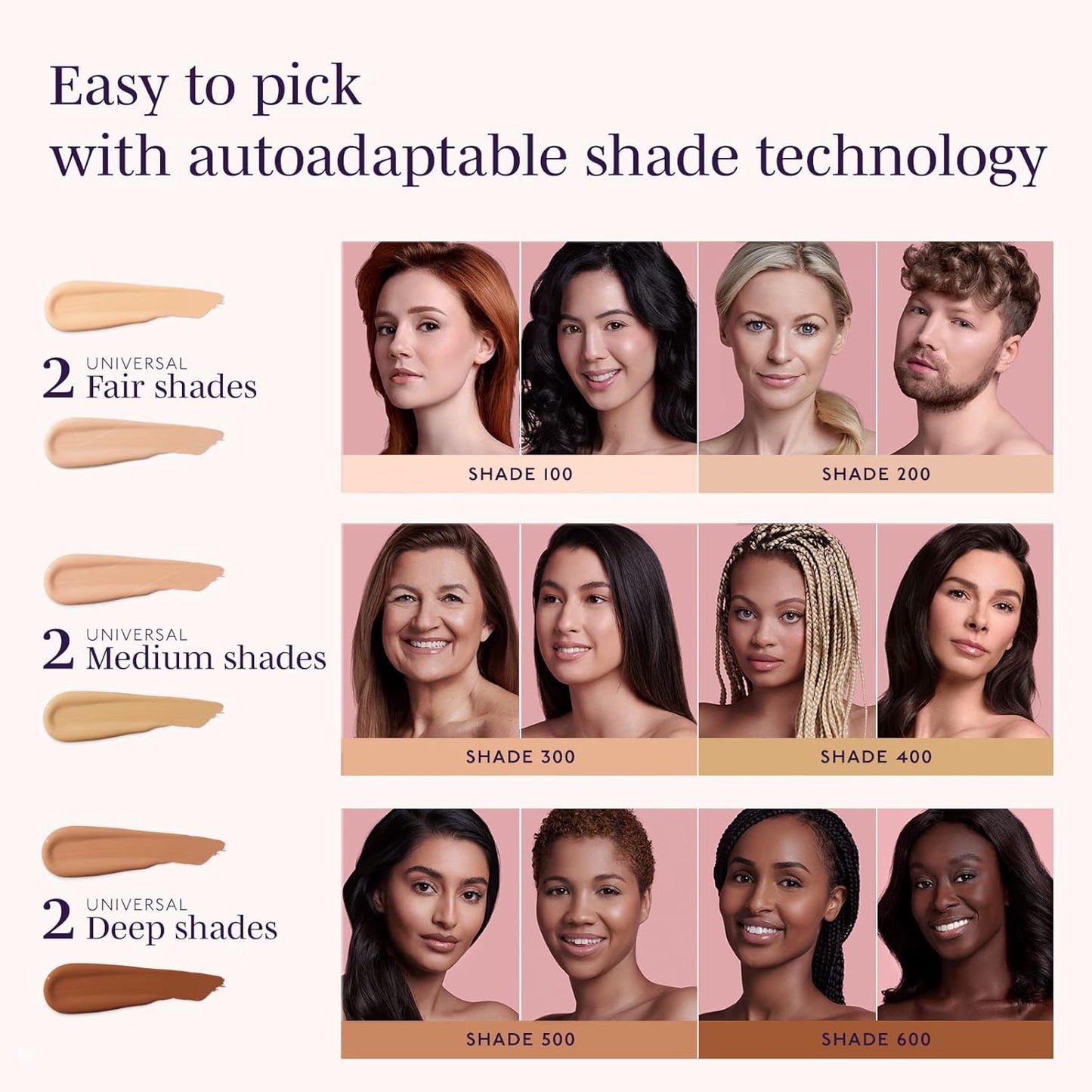 Product shade chart with autoadaptable technology for various skin tones.