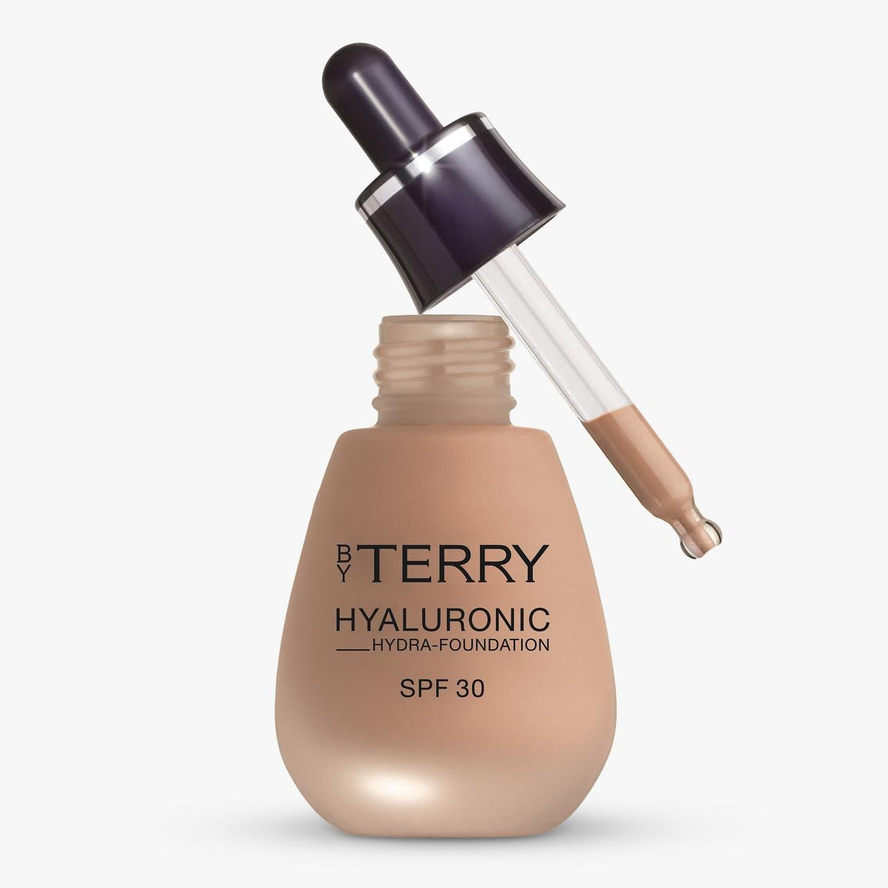 A bottle of Dr. Terry Hyaluronic Intera Foundation SPF 30 with a dropper applicator resting on top, set against a clean white background.