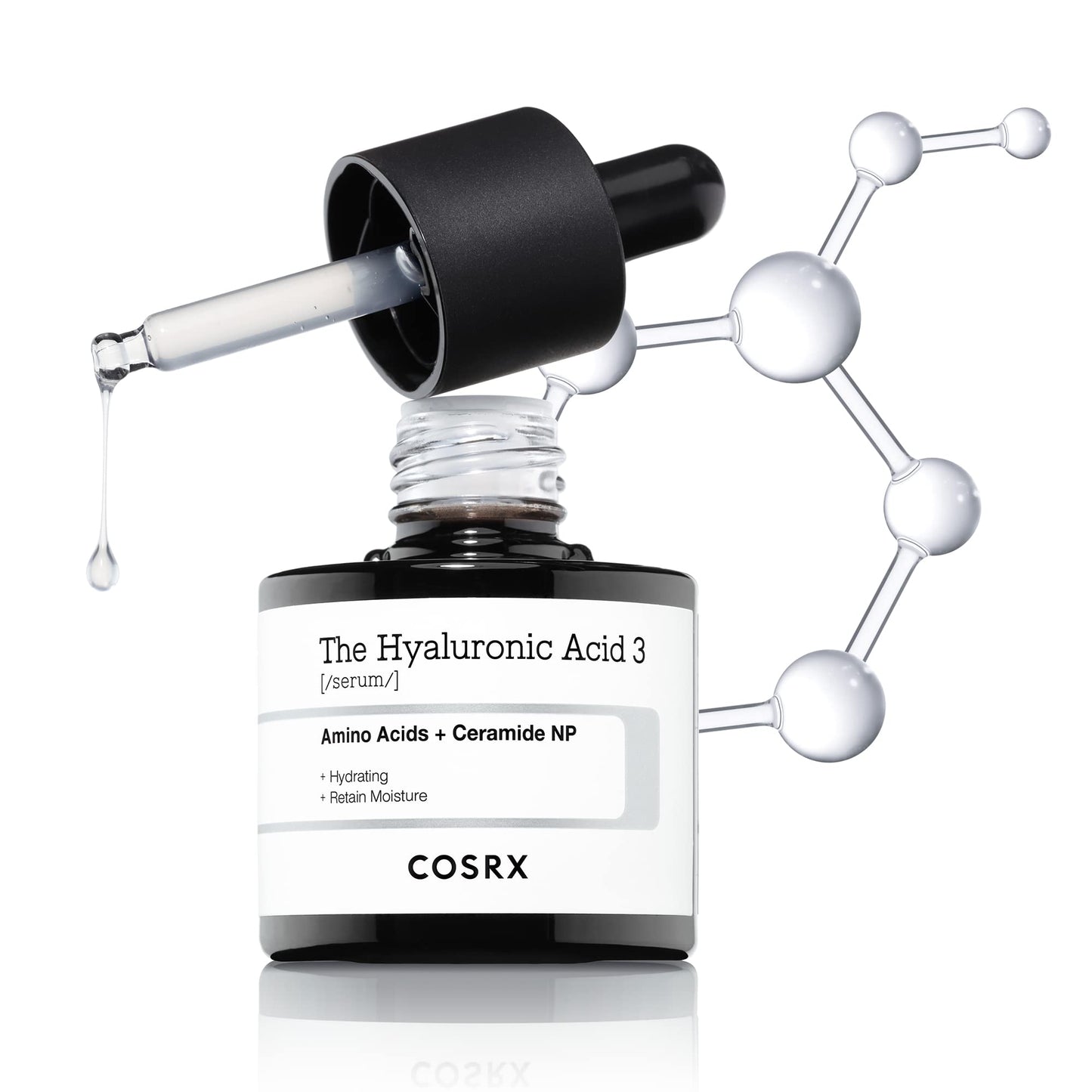 Cosrx skincare serum bottle with dropper and molecular structure illustration on a white background