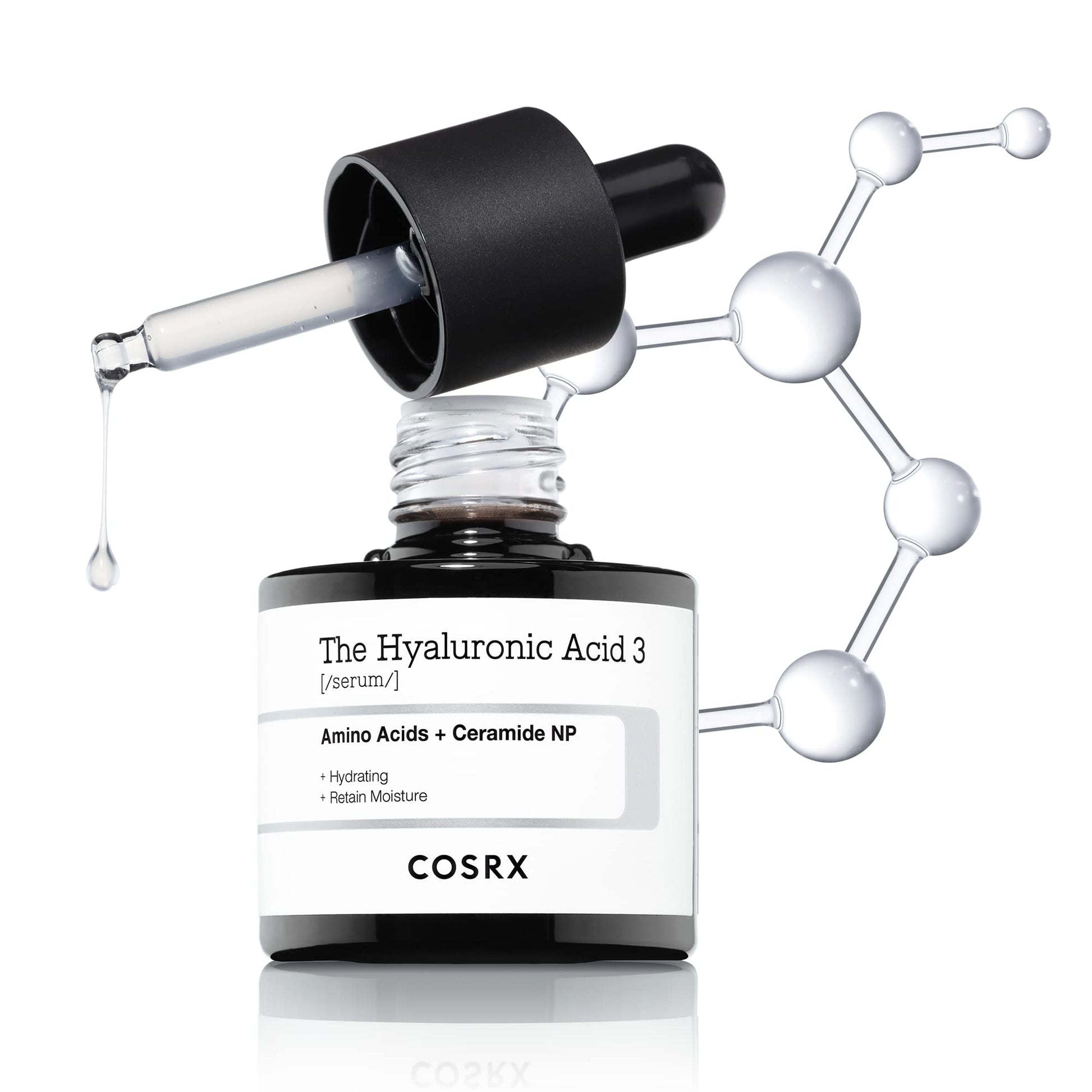 Cosrx skincare serum bottle with dropper and molecular structure illustration on a white background