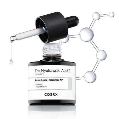 Cosrx skincare serum bottle with dropper and molecular structure illustration on a white background