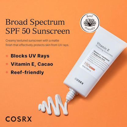 Cosrx sunscreen bottle with SPF 50 on an orange background