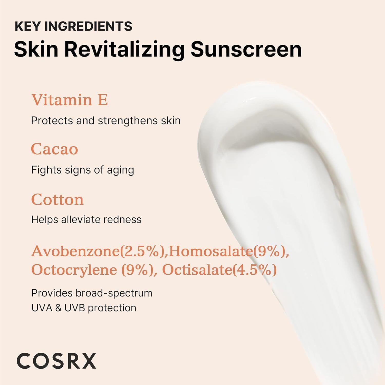 Cosrx skin revitalizing sunscreen with key ingredients listed on a beige background