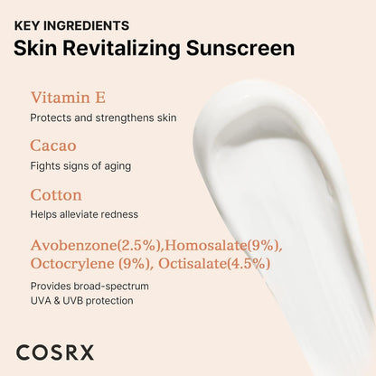 Cosrx skin revitalizing sunscreen with key ingredients listed on a beige background