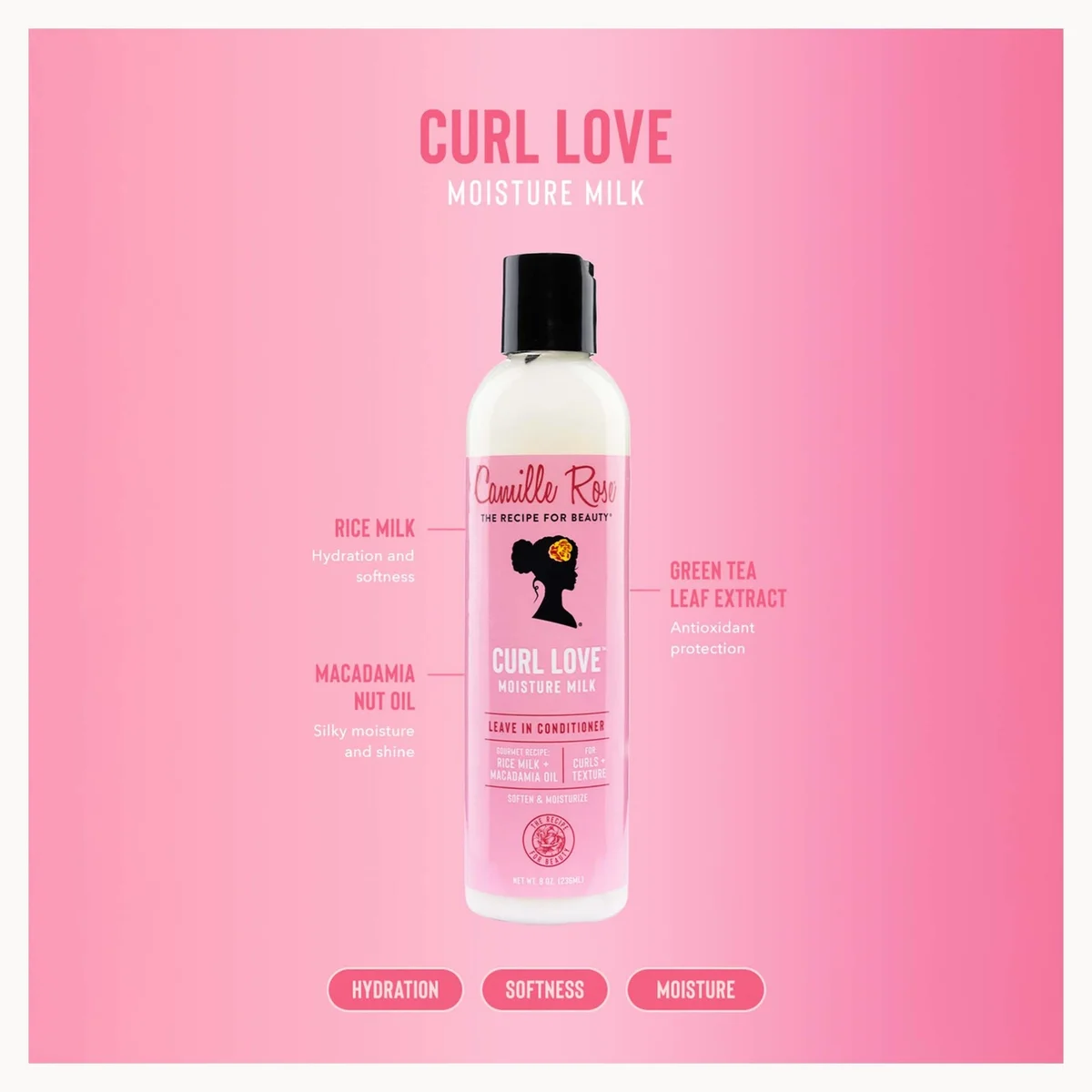 A bottle of Camille Rose Curl Love Moisture Milk centered on a pink gradient background, with text labels highlighting rice milk, macadamia nut oil, green tea leaf extract, and benefits for hydration, softness, and moisture.