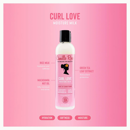 A bottle of Camille Rose Curl Love Moisture Milk centered on a pink gradient background, with text labels highlighting rice milk, macadamia nut oil, green tea leaf extract, and benefits for hydration, softness, and moisture.