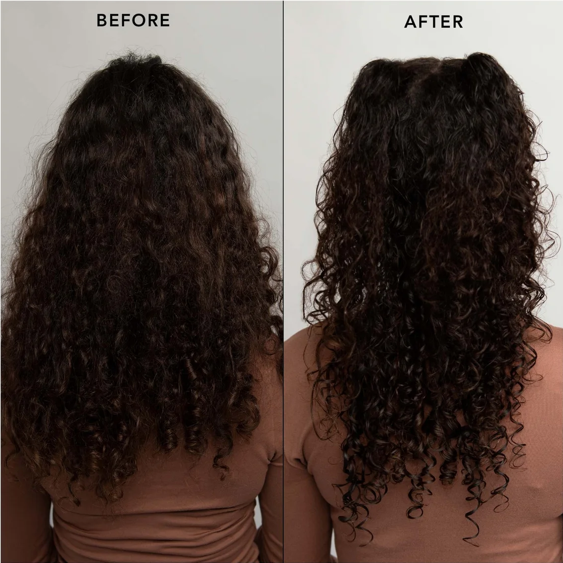 A side-by-side before and after comparison showing the back view of a person with long, dark, curly hair. The left panel is labeled 'BEFORE' and shows the hair in a less defined, frizzy state.