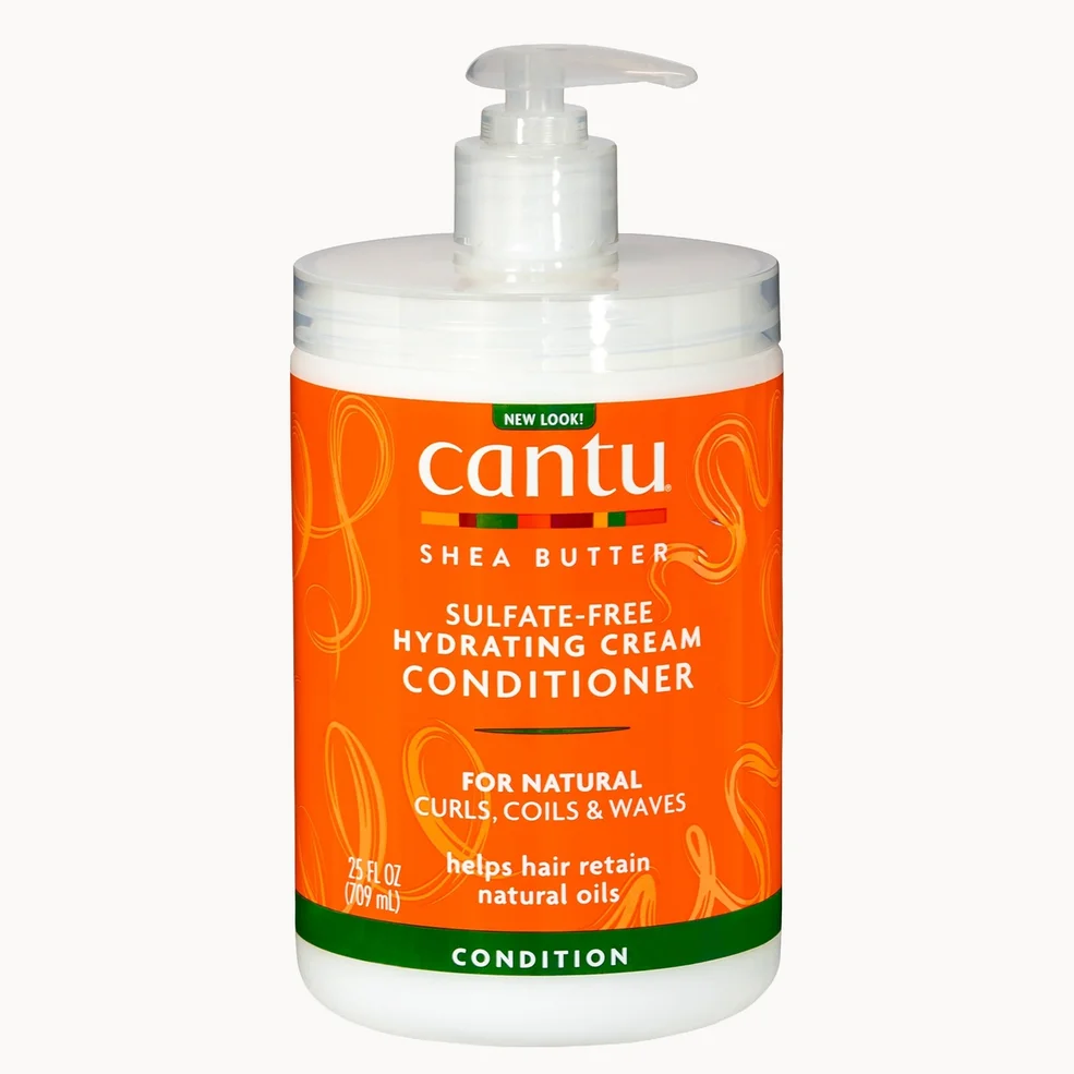 A bottle of Cantu Shea Butter Sulfate-Free Hydrating Cream Conditioner with a white pump dispenser and a bright orange label, shown against a plain white background.