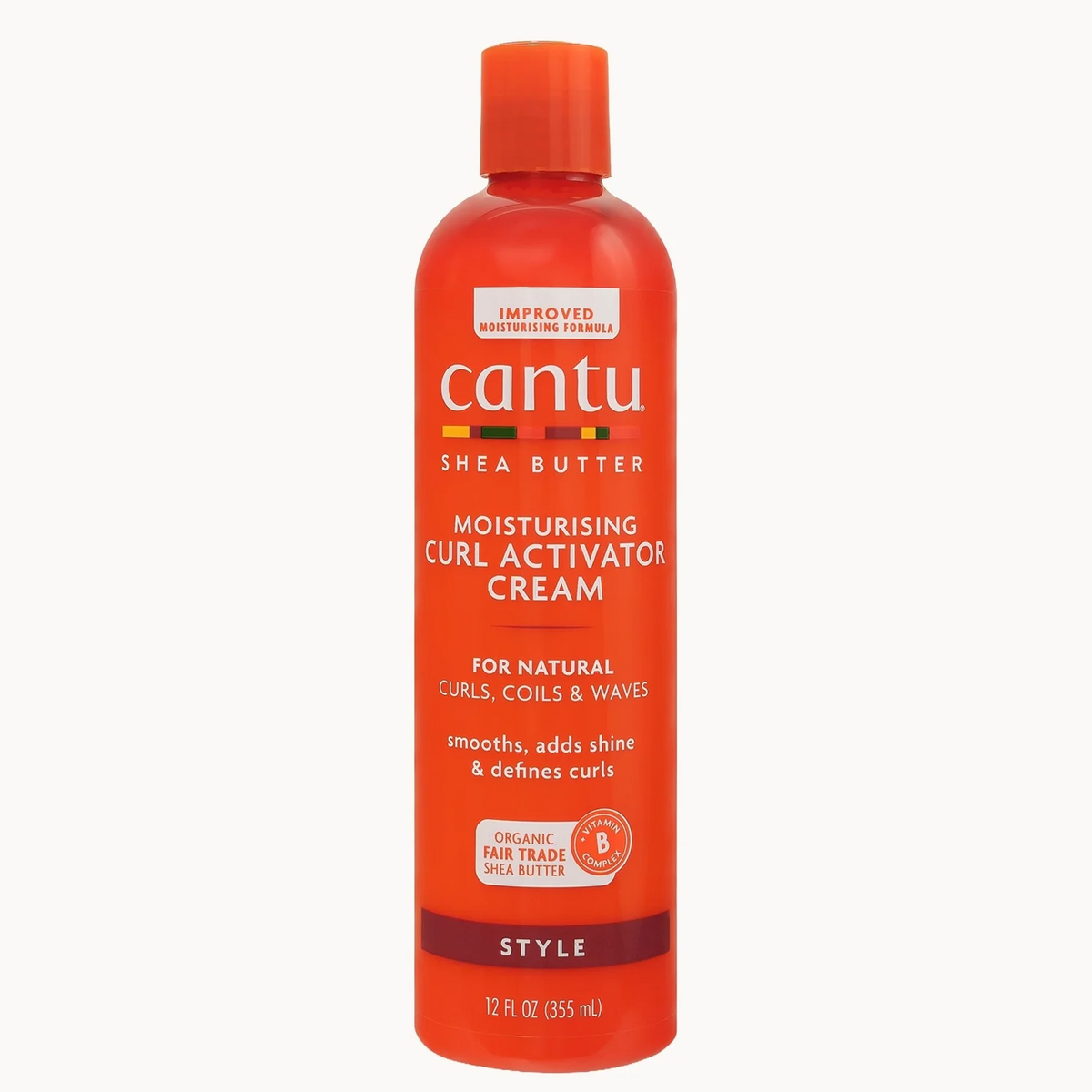 A bottle of Cantu Shea Butter Moisturising Curl Activator Cream in a vibrant orange-red color, shown against a plain light gray background.