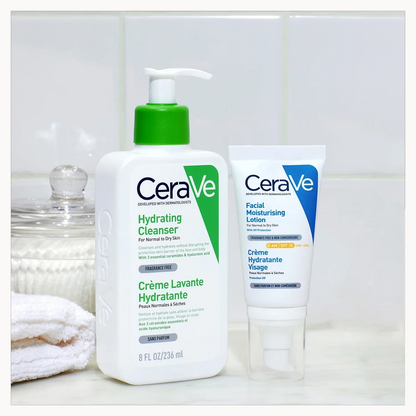 CeraVe hydrating cleanser and moisturizing lotion on a bathroom counter.