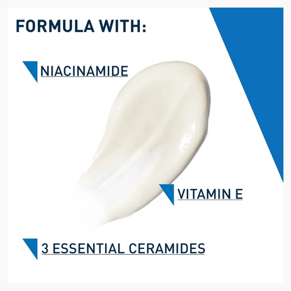 A white cosmetic smear with blue text reading 'FORMULA WITH: NIACINAMIDE', 'VITAMIN E', and '3 ESSENTIAL CERAMIDES' on a white background with a blue geometric accent.