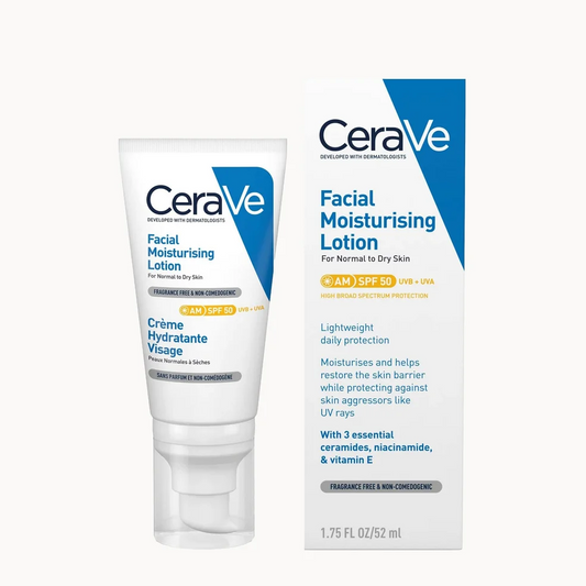 CeraVe facial moisturizing lotion with packaging on a white background