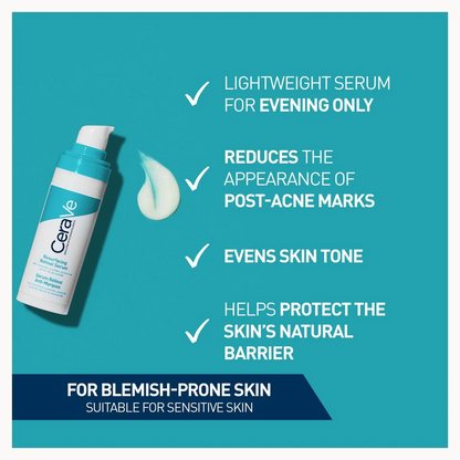 CeraVe serum bottle with product benefits on a blue background