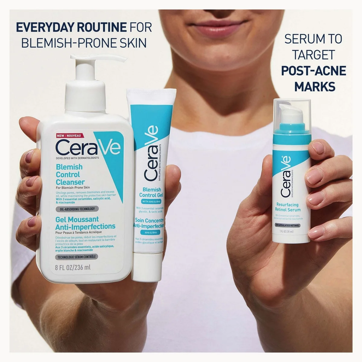 A person holds three CeraVe skincare products against a white background: a Blemish Control Cleanser bottle, a Blemish Control Gel tube, and a Serum bottle. Text on the image describes the products for blemish-prone and post-acne skin.