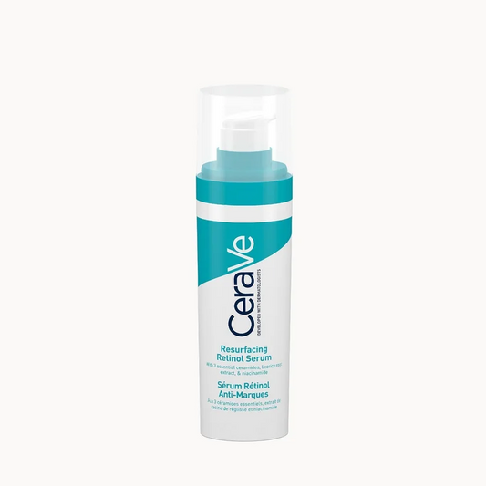 CeraVe Resurfacing Retinol Serum in a white pump bottle with a teal and white label, centered on a light gray background.