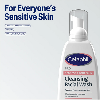 Cetaphil Pro Redness Prone Skin Cleansing Facial Wash bottle shown on the right, with marketing text on the left reading 'For Everyone's Sensitive Skin' and additional claims like dermatologist tested, vegan, and non-comedogenic.