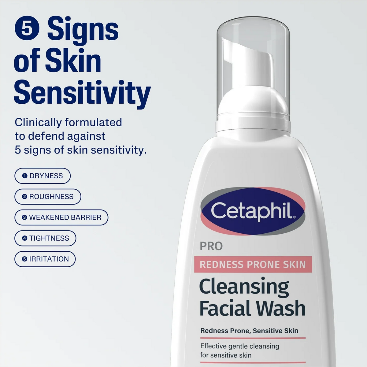 Cetaphil Pro Redness Prone Skin Cleansing Facial Wash bottle shown next to a graphic detailing the '5 Signs of Skin Sensitivity' on a light gray background.