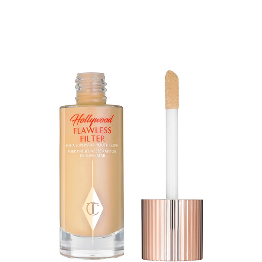 Foundation bottle with applicator and 'Hollywood Flawless Filter' text on a white background