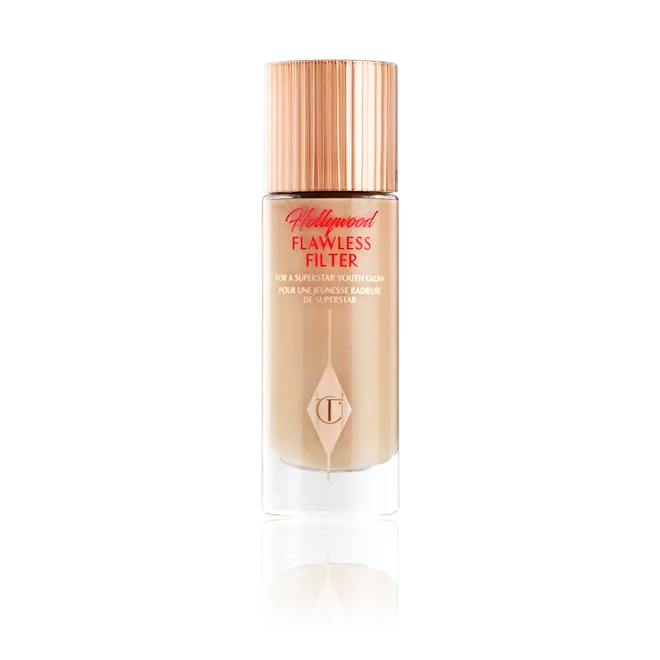 Foundation bottle with 'Hollywood Flawless Filter' text on a white background