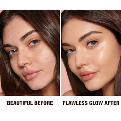 Before and after comparison of a woman's face with text indicating a 'Flawless Glow After' transformation.