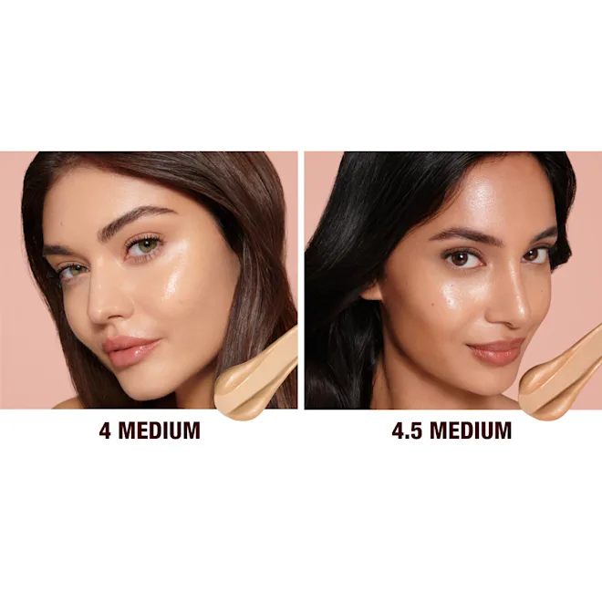 Two women with different skin tones showing a makeup product on their faces, labeled '4 Medium' and '4.5 Medium'.