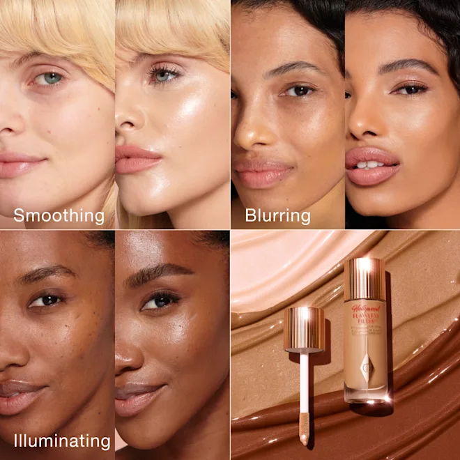 Collage of women with different skin tones and a bottle of skincare product labeled 'Smoothing', 'Blurring', and 'Illuminating'.