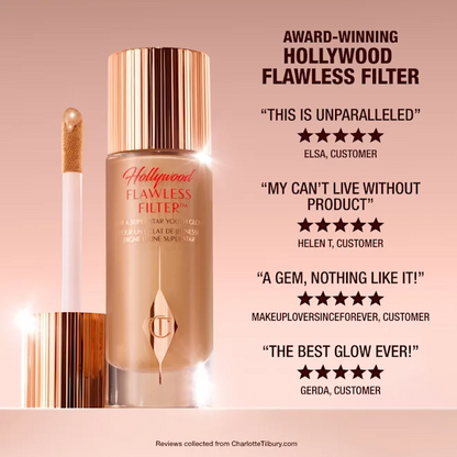 Makeup product with customer reviews on a pink background