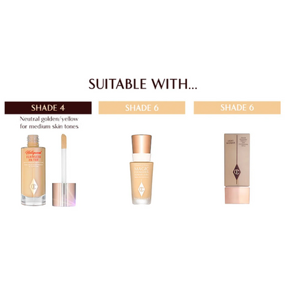 Cosmetic products with shade suitability information on a white background