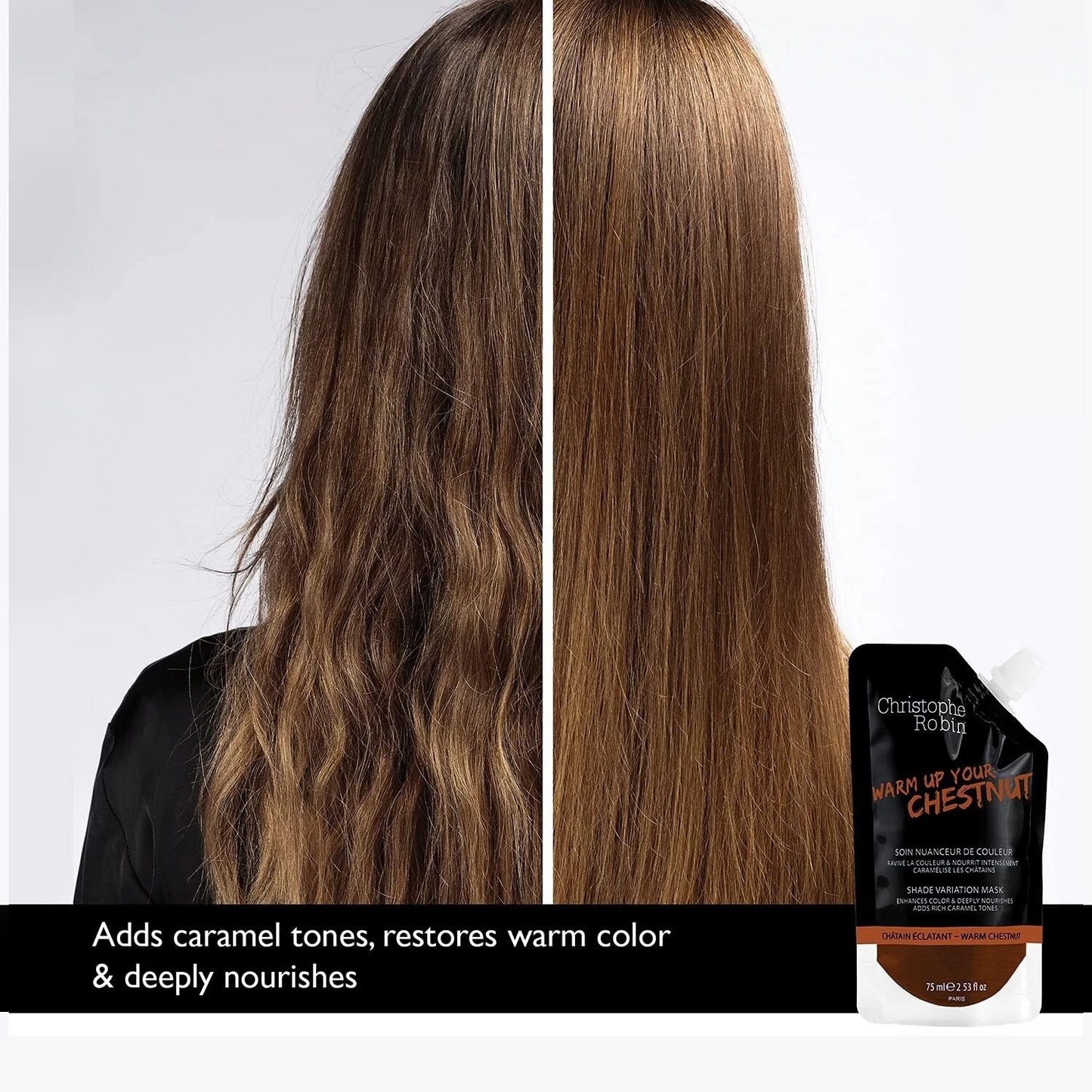 Before and after comparison of hair color with a hair product packaging on a white background