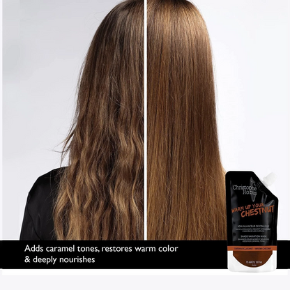 Before and after comparison of hair color with a hair product packaging on a white background