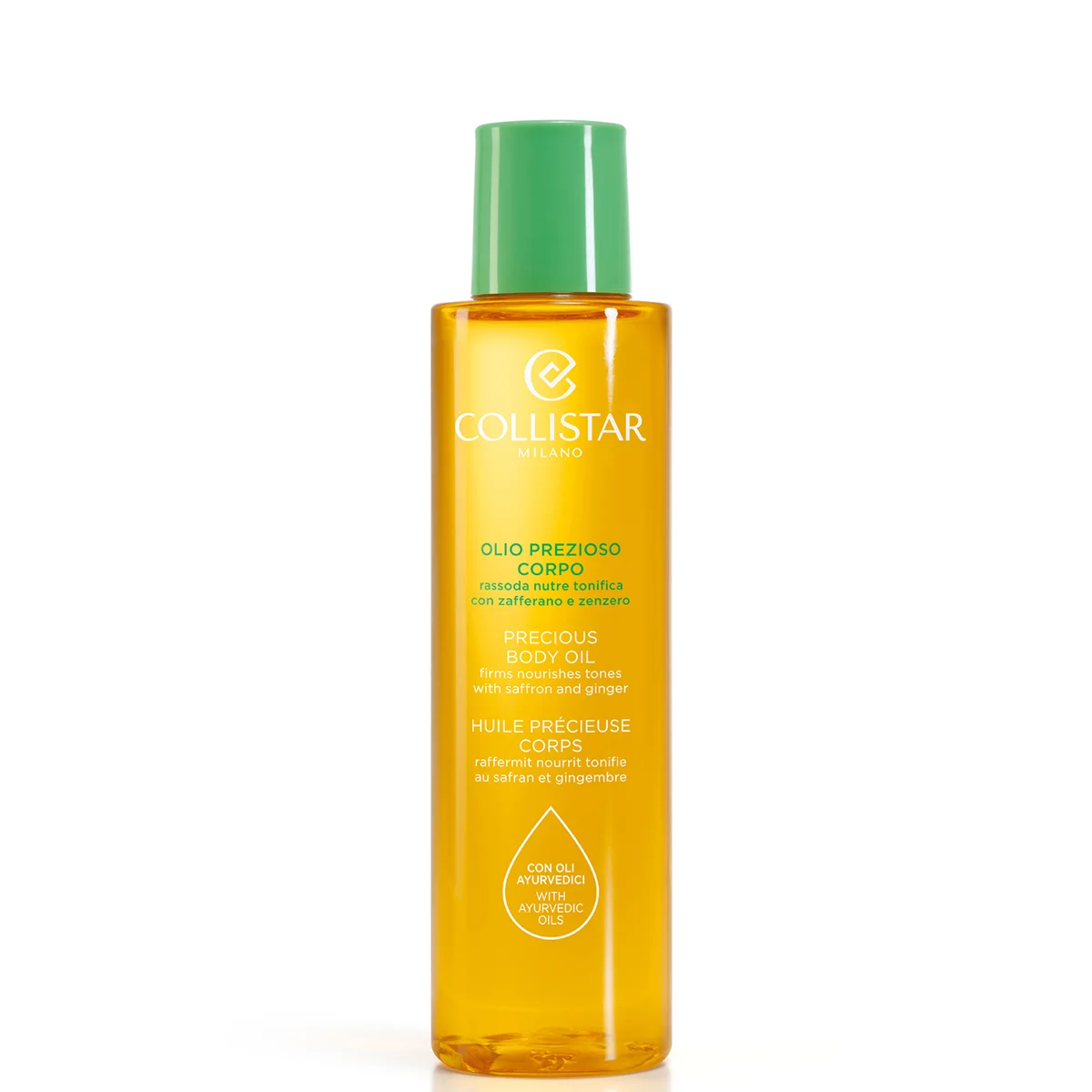 A bottle of Collistar Precious Body Oil with a green cap and amber-colored liquid inside, shown on a plain white background.