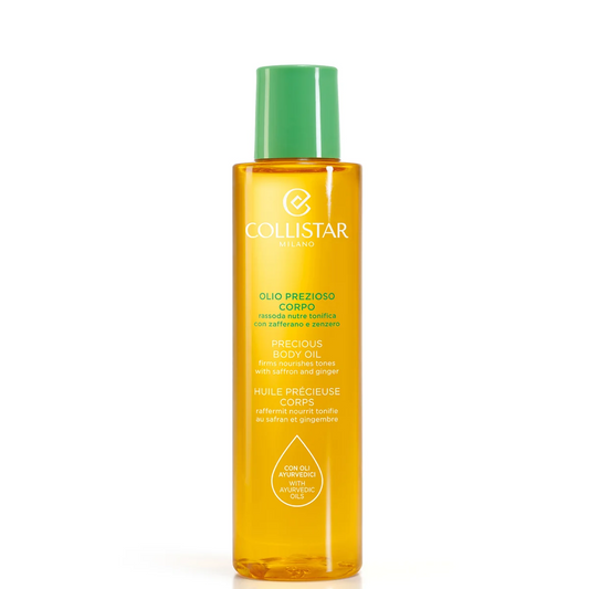 A bottle of Collistar Precious Body Oil with a green cap and amber-colored liquid inside, shown on a plain white background.
