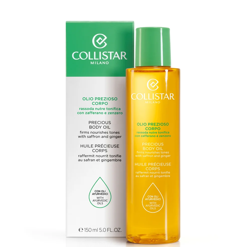 Collistar Milano Precious Body Oil in a clear bottle showing golden-yellow oil, next to its green and white packaging box on a white background.