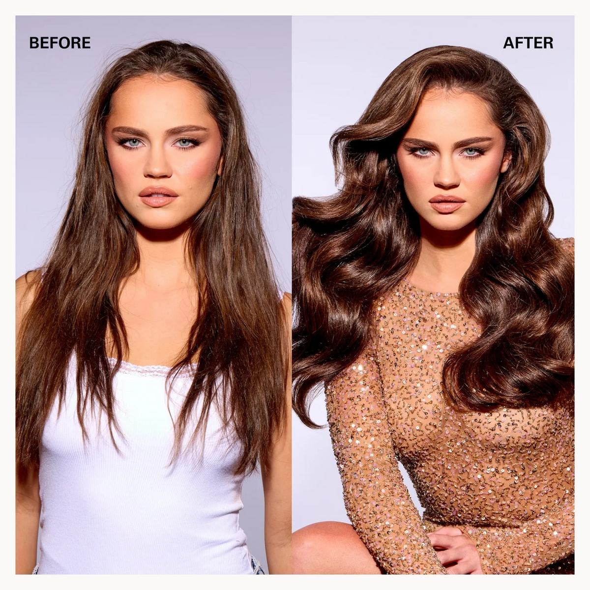 Before and after hair styling comparison of a woman with long, straight brown hair on the left and wavy, voluminous brown hair on the right, shown side by side with 'BEFORE' and 'AFTER' text labels.